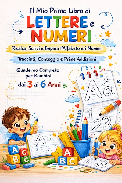 Il Mio Primo Libro di Lettere e Numeri; Ricalca, Scrivi e Impara l’Alfabeto e i Numeri Tracciati, Conteggio e Prime Addizioni Quaderno Completo per Bambini dai 3 ai 6 Anni